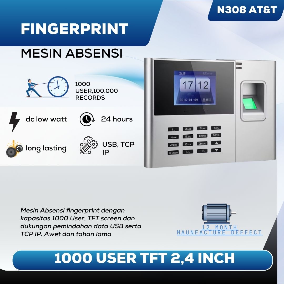 Fingerprint Mesin Absensi N308 AT&T 1000 User TFT 2.4 Inch