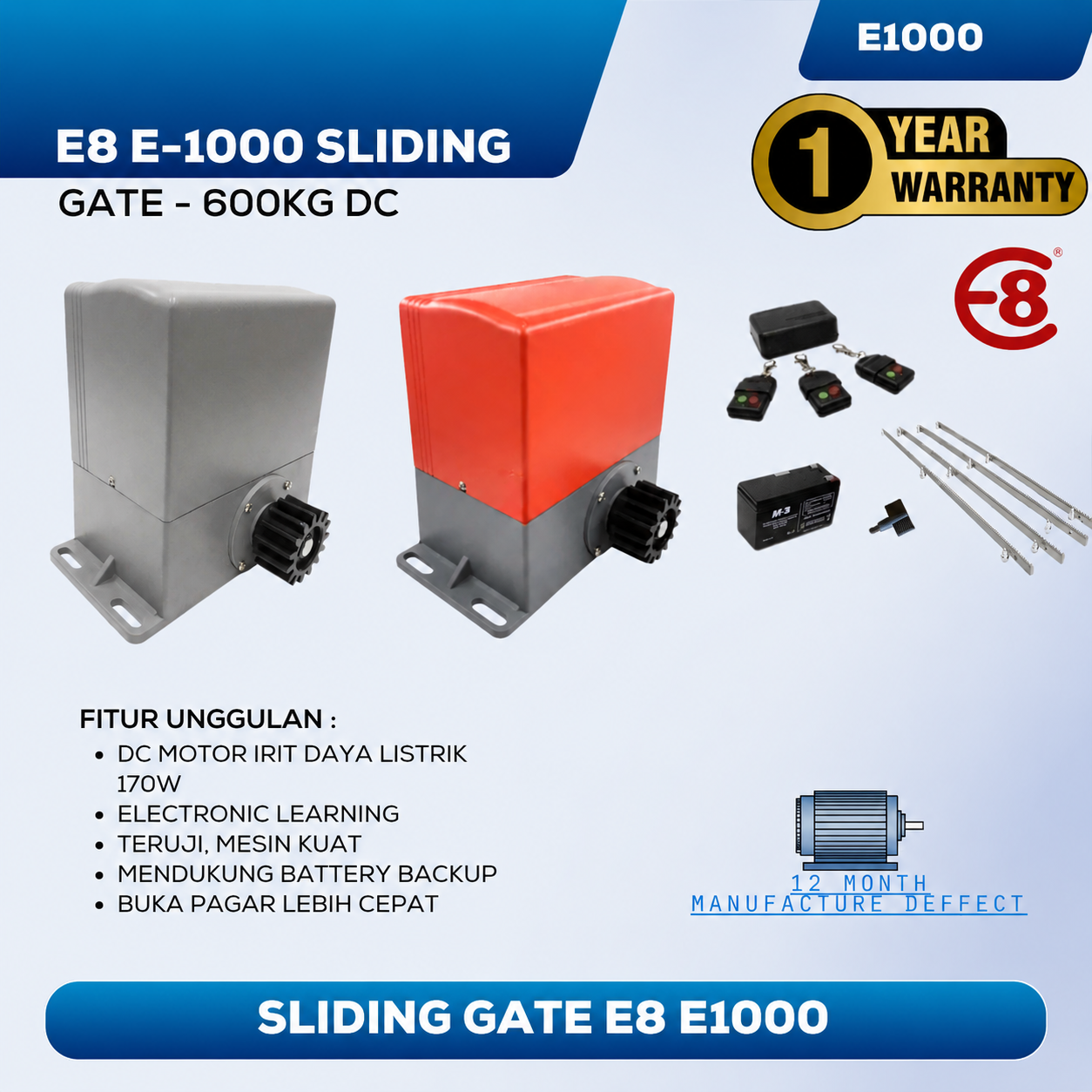 Mesin Pagar Otomatis Sliding Gate E8 DC 600KG E1000